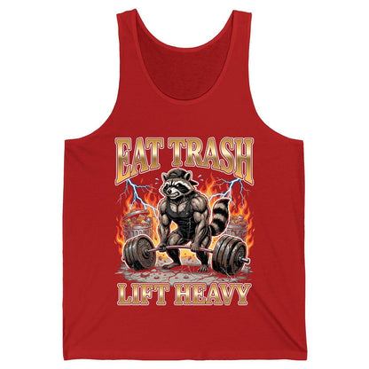 Eat Trash Lift Heavy weightlifting raccoon Tank Top Red product mockup