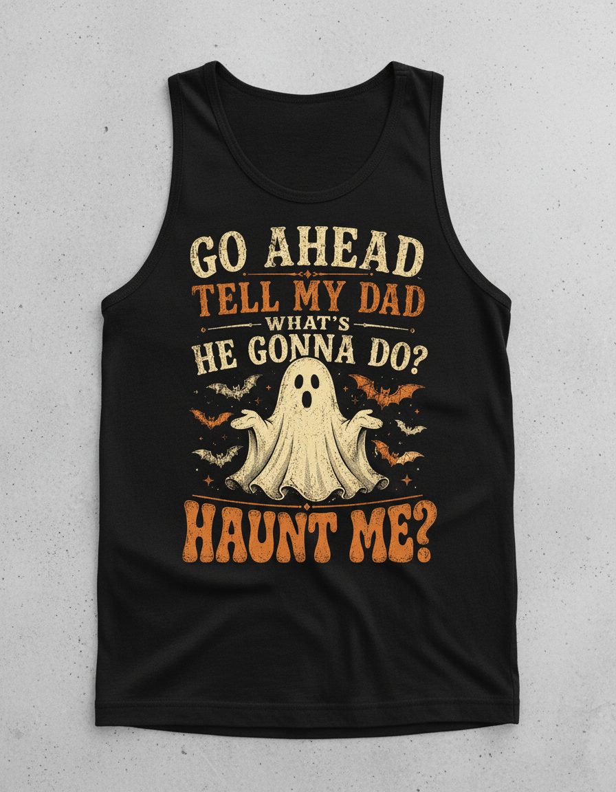 GO AHEAD TELL MY DAD WHAT'S HE GONNA DO HAUNT ME Tank Top - product mockup - Black