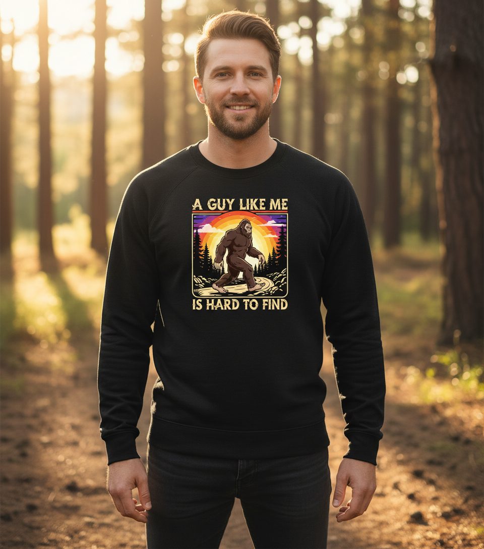 A Guy Like Me Is Hard to Find bigfoot Sweatshirt Black lifestyle mockup