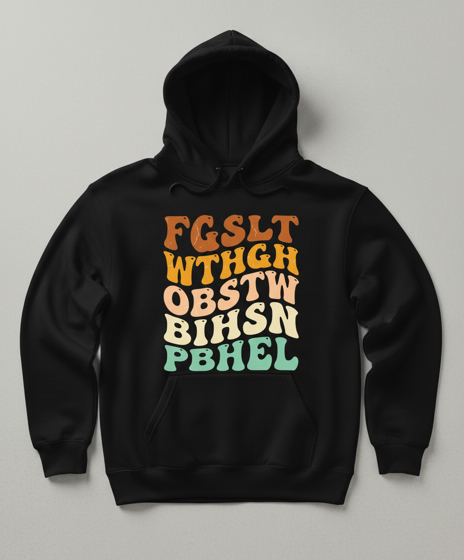 Retro 70s Groovy Wavy Alphabet Design Hoodie - Black