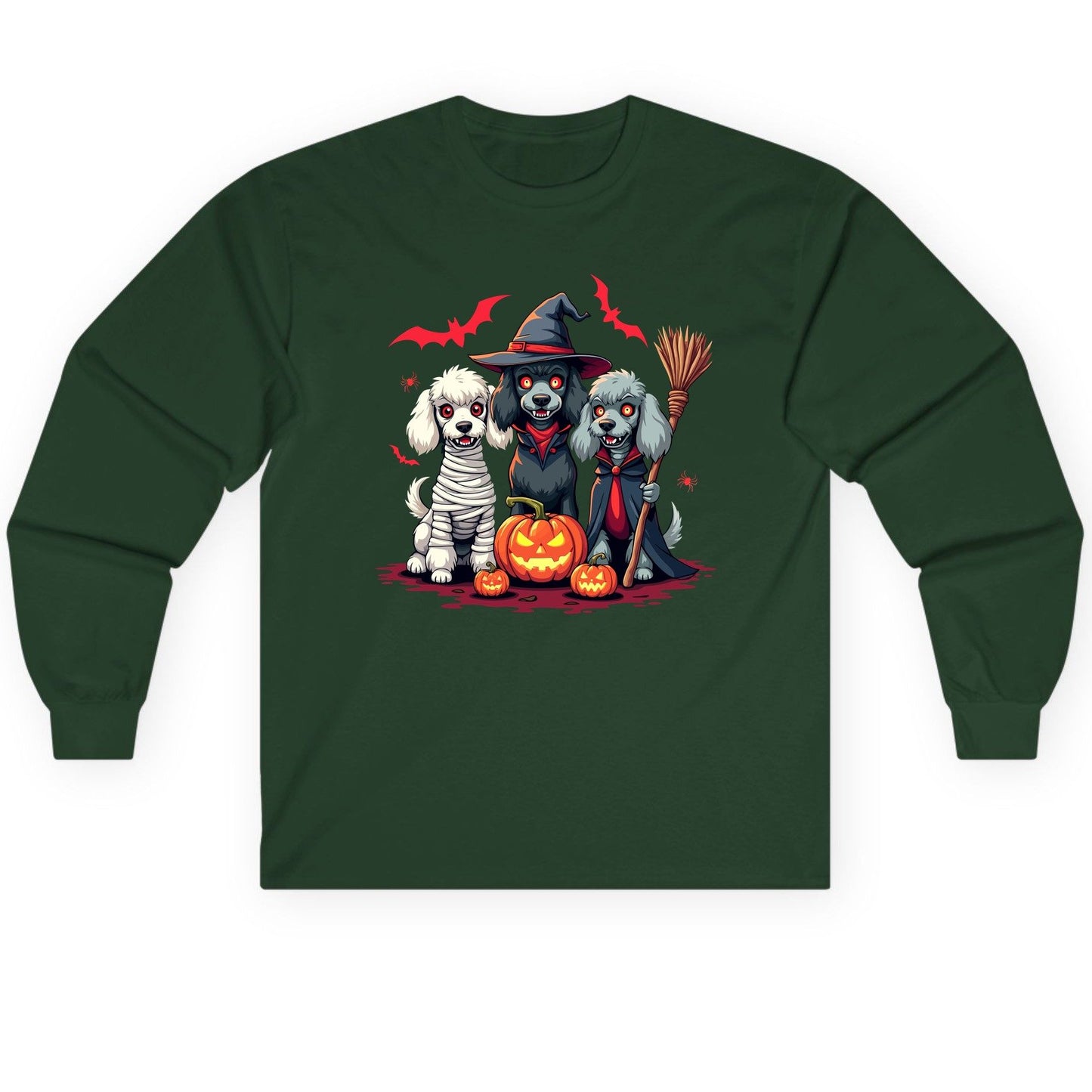 Spooky Poodle Trio Halloween dogs Long Sleeve Tee Forest Green product mockup