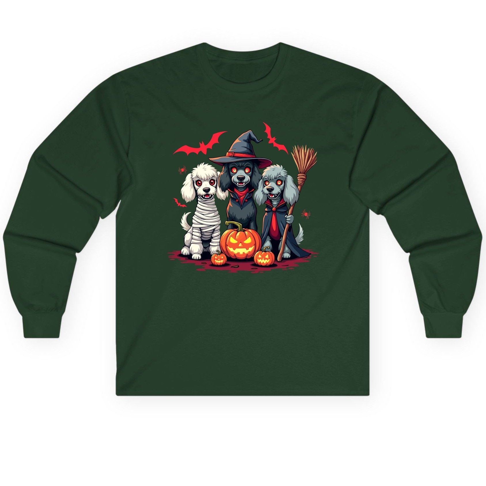 Spooky Poodle Trio Halloween dogs Long Sleeve Tee Forest Green product mockup
