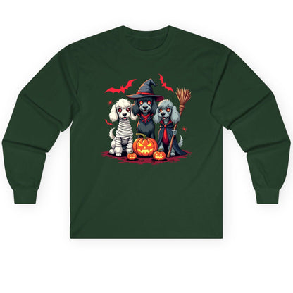 Spooky Poodle Trio Halloween dogs Long Sleeve Tee Forest Green product mockup