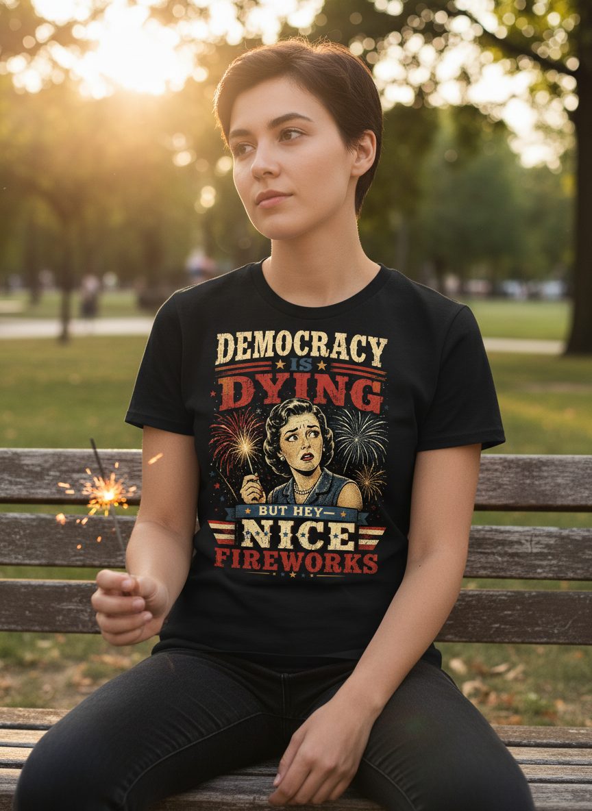 Democracy Is Dying but Hey Nice Fireworks T-Shirt - lifestyle model mockup - Black