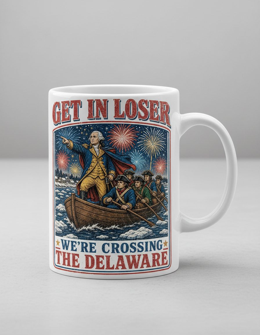 Get in Loser We're Crossing the Delaware White Mug - product mockup - White