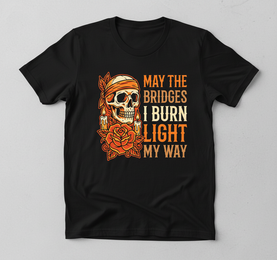 May The Bridges I Burn Light My Way Skull and Rose Tattoo Art T-Shirt - Black