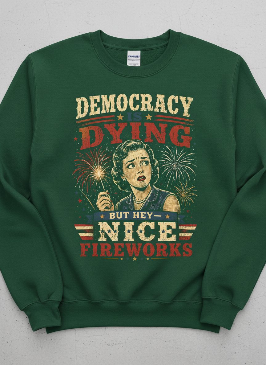 Democracy Is Dying but Hey Nice Fireworks Sweatshirt - product mockup - Forest Green