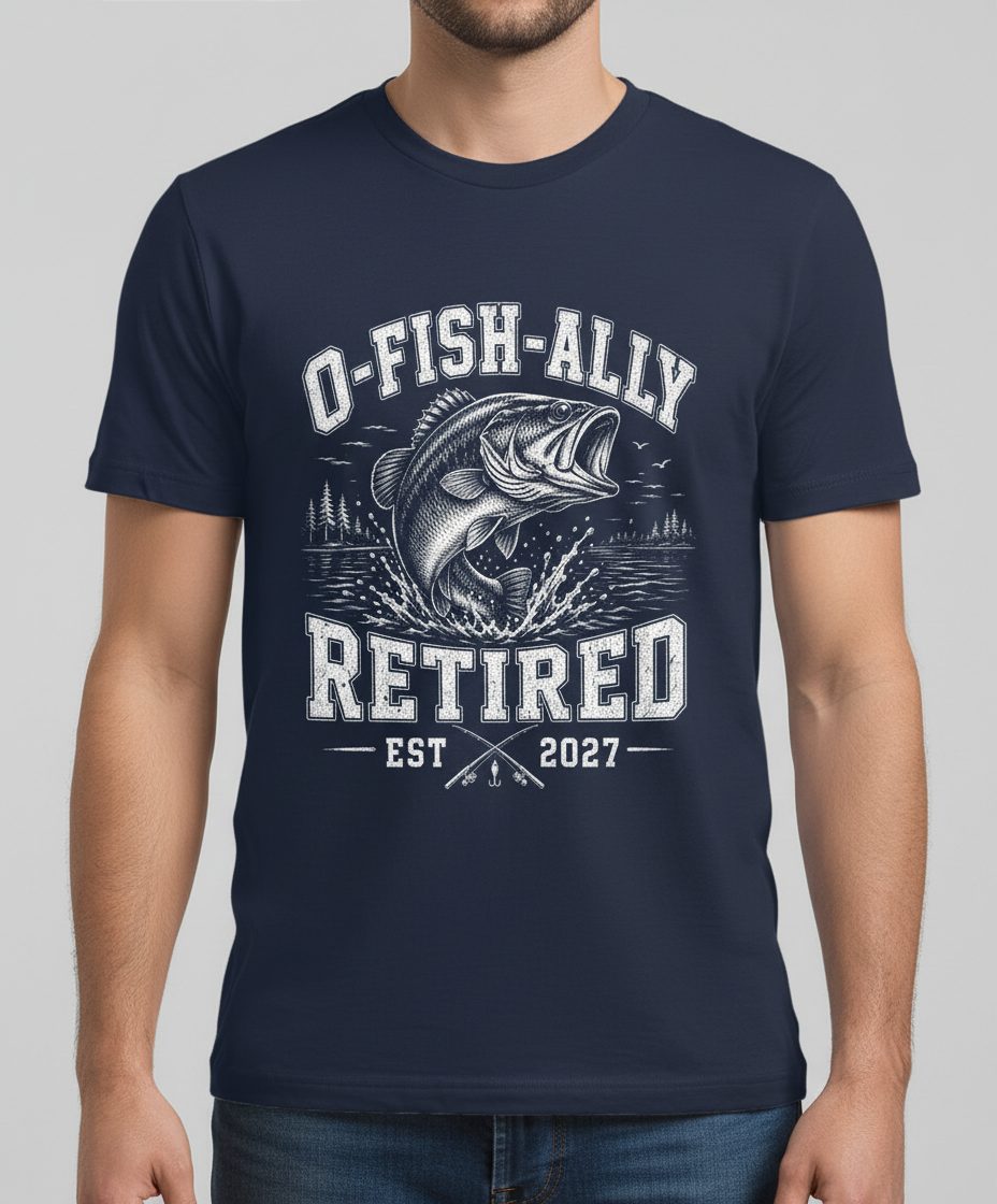 O-Fish-Ally Retired EST 2027 Funny Fishing T-Shirt - product mockup - Navy