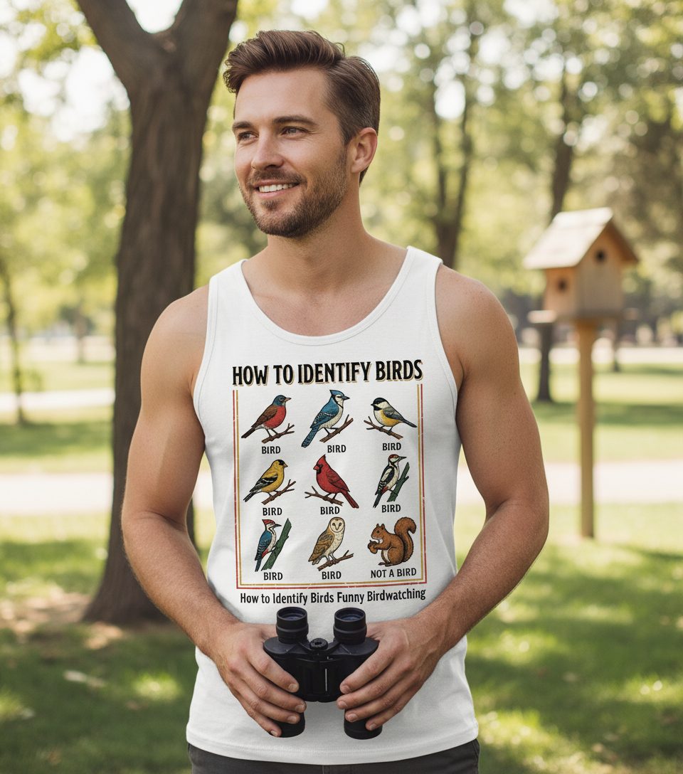 How to Identify Birds Funny Birdwatching Tank Top - lifestyle model mockup - White