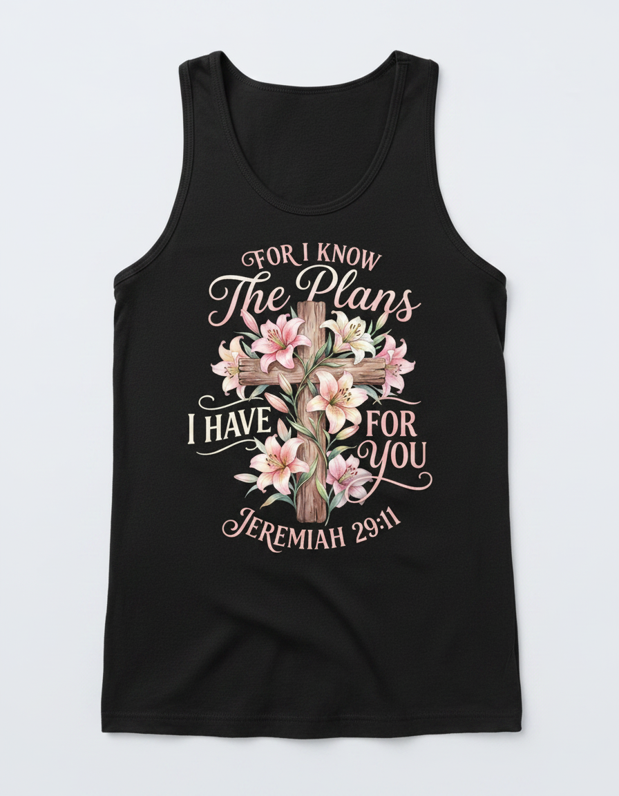 Jeremiah 29:11 For I Know The Plans I Have For You Cross and Lilies Tank Top - Black