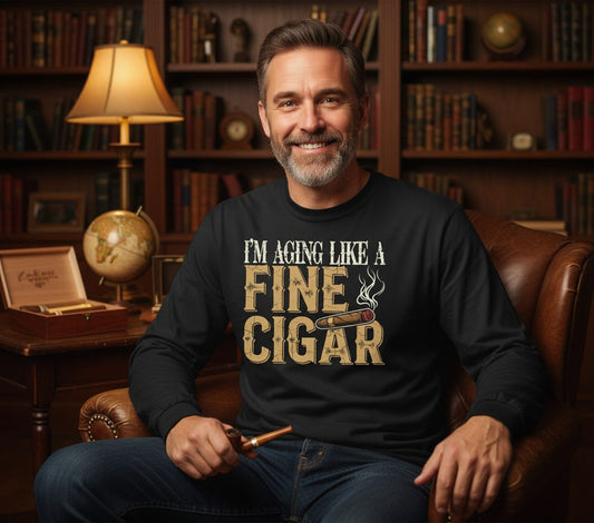I'm Aging Like a Fine Cigar cigar smoking Long Sleeve Tee Black lifestyle mockup