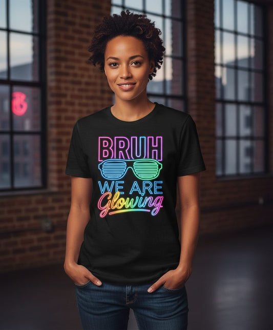 BRUH WE ARE Glowing Neon Party T-Shirt Black lifestyle mockup