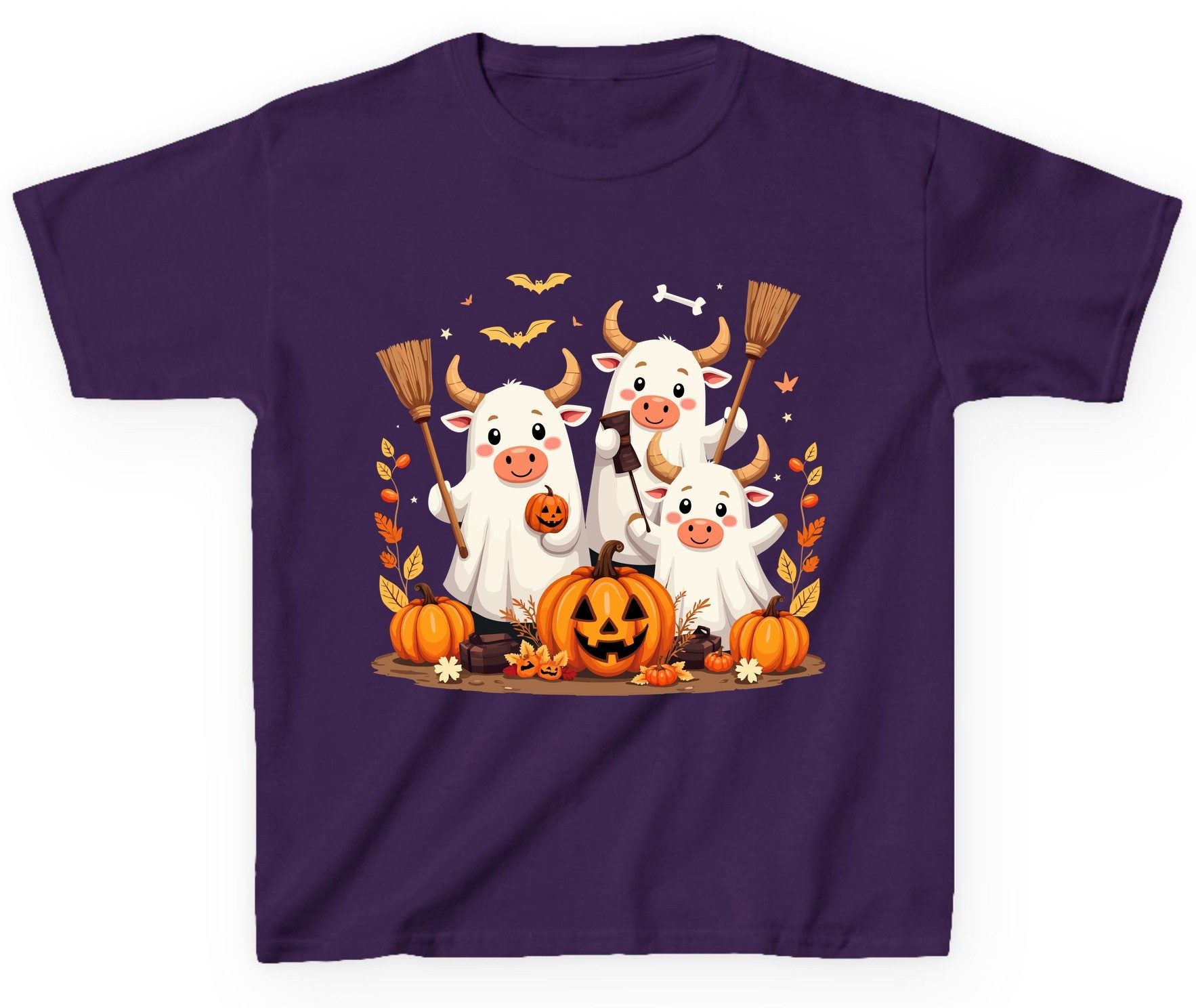 Cute Ghost Cows Halloween cows Youth T-Shirt Purple product mockup