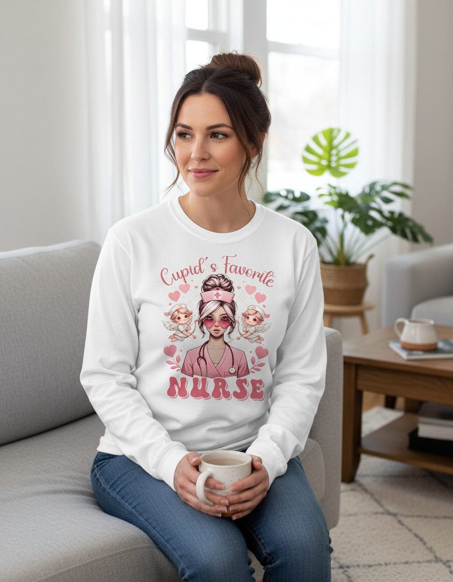 Cupid's Favorite Nurse nurse Long Sleeve Tee White lifestyle mockup