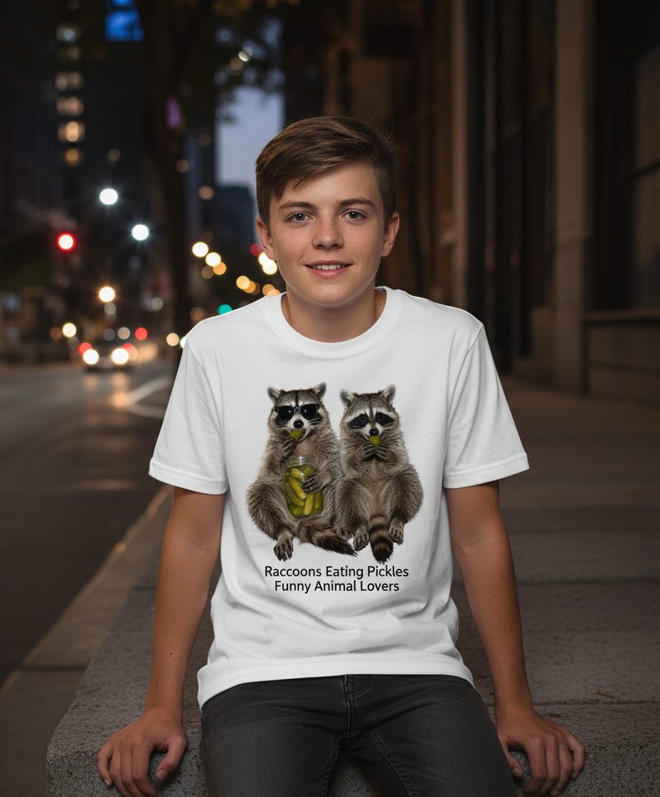 Raccoons Eating Pickles Funny Animal Lovers Youth T-Shirt - lifestyle model mockup - White