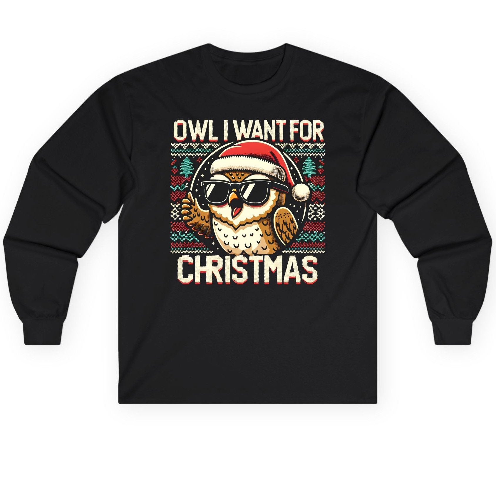 Owl I Want for Christmas Christmas owl Long Sleeve Tee Black product mockup
