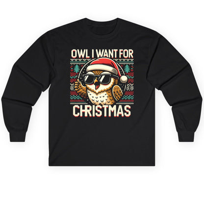 Owl I Want for Christmas Christmas owl Long Sleeve Tee Black product mockup