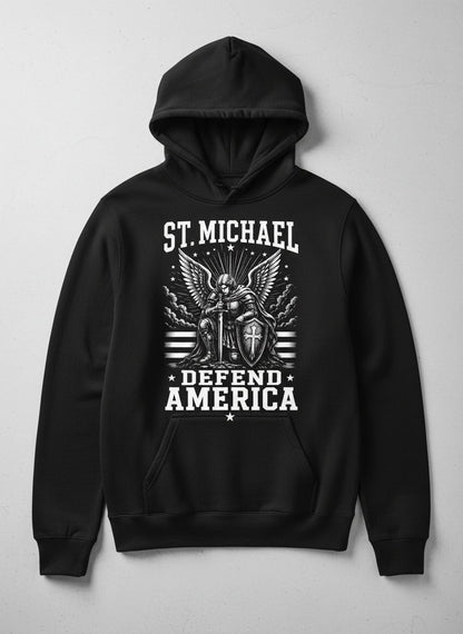 St Michael Defend America Patriotic Christian Hoodie - product mockup - Black