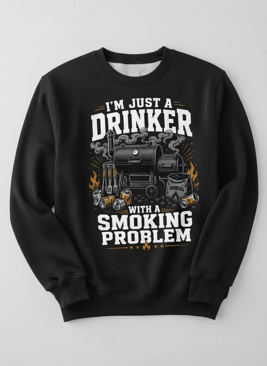 I'M JUST A DRINKER WITH A SMOKING PROBLEM Funny Drinker With A Smoking Problem BBQ Sweatshirt - product mockup - Black