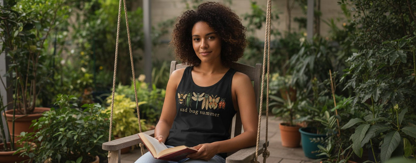 Sad Bug Summer Vintage Insects Tank Top - lifestyle model mockup - Black