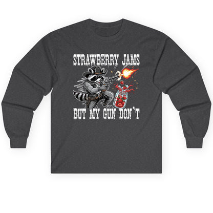 Strawberry Jams but My Gun Don't raccoon Long Sleeve Tee Dark Heather product mockup