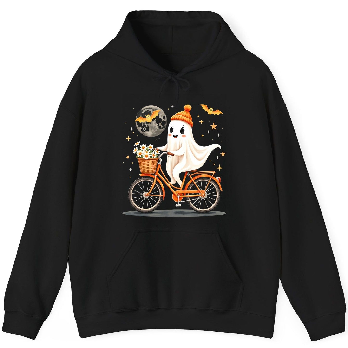 Cute Ghost on Bicycle cute ghost Hoodie Black product mockup