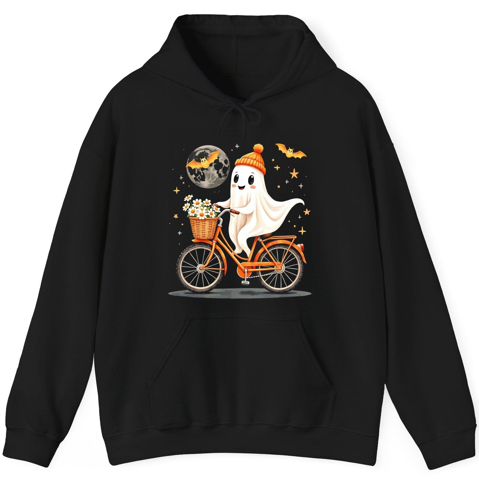 Cute Ghost on Bicycle cute ghost Hoodie Black product mockup