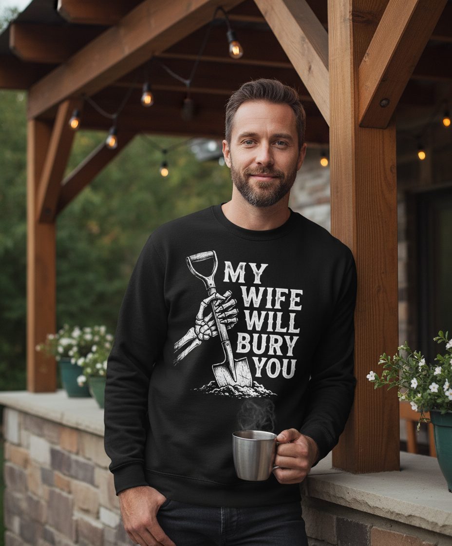 My Wife Will Bury You protective wife Sweatshirt Black lifestyle mockup