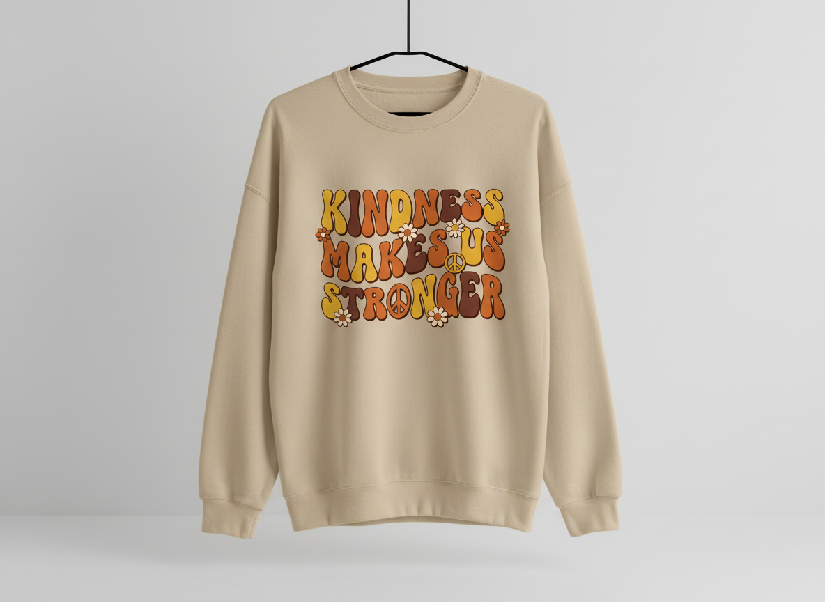 Kindness Makes Us Stronger Groovy 70s Retro Design Sweatshirt - Sand