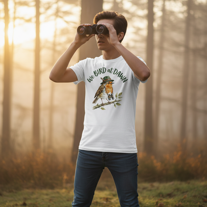 Watercolor Robin Birdwatcher with Hat and Binoculars T-Shirt - lifestyle model mockup - White