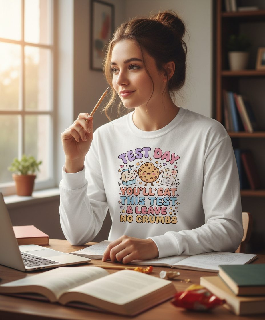 Test Day You'll Eat This Test & Leave No Crumbs Long Sleeve Tee - lifestyle model mockup - White