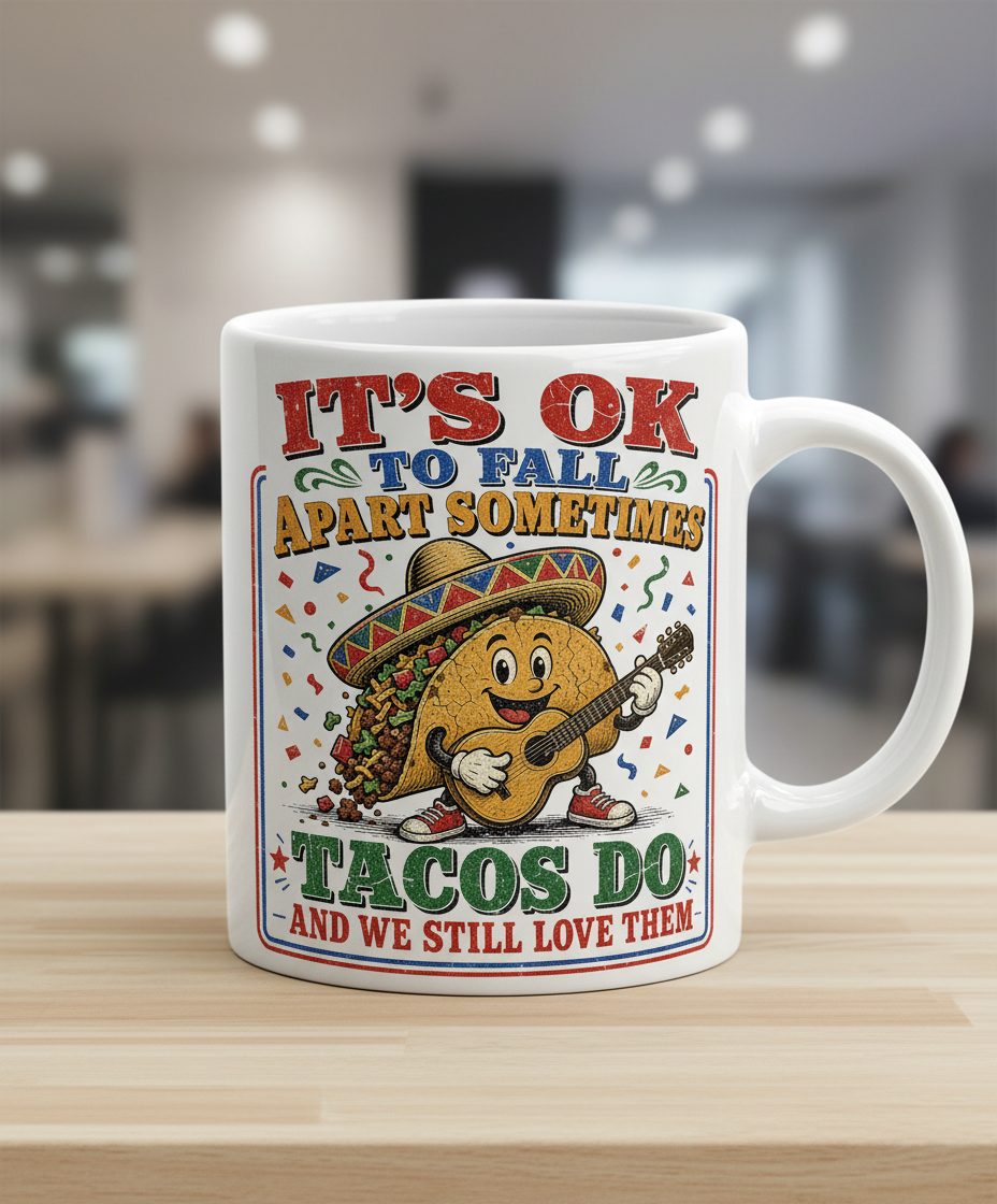 IT'S OK TO FALL APART Sometimes TACOS DO AND WE STILL LOVE White Mug - product mockup - White