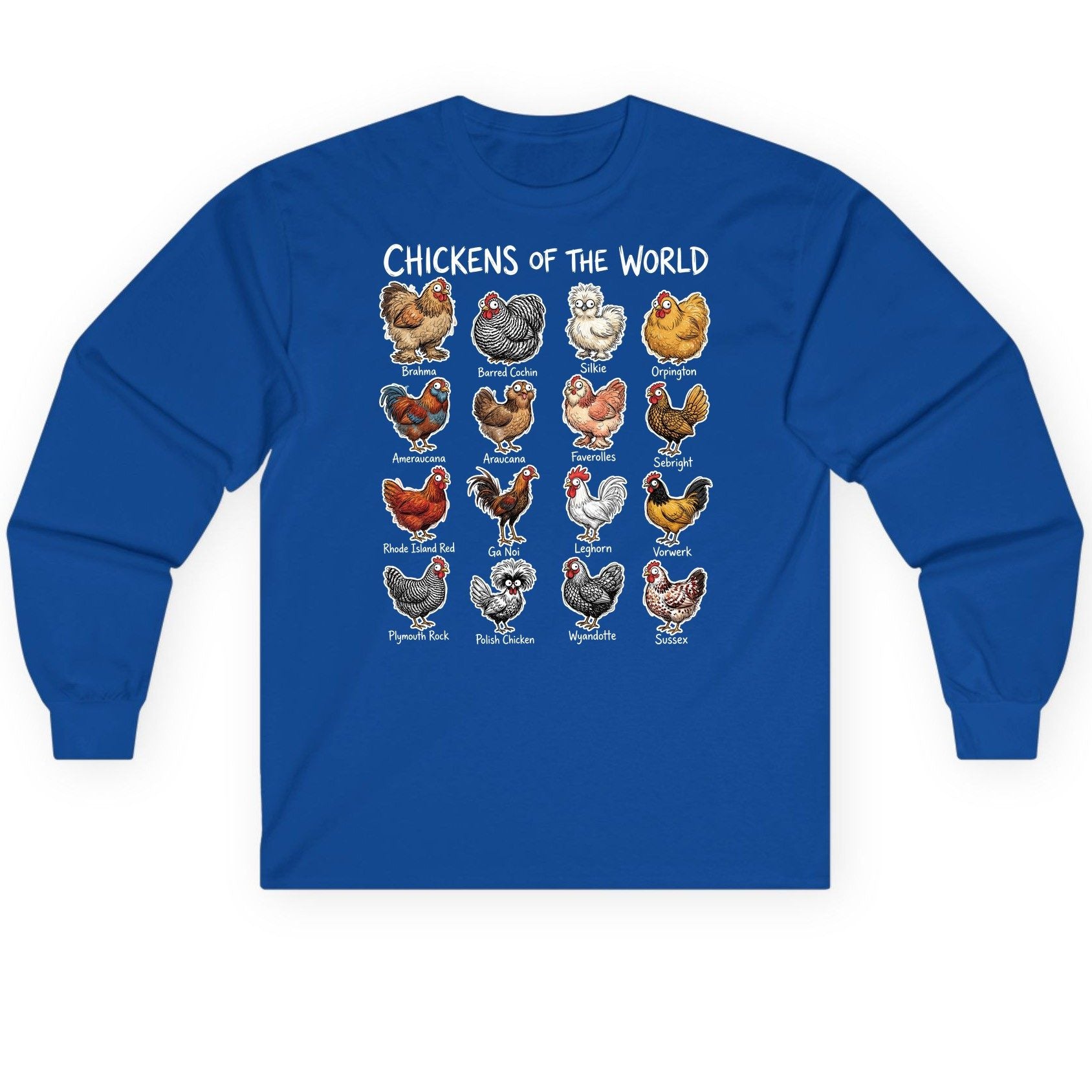Chickens of the World chicken breeds Long Sleeve Tee Royal product mockup