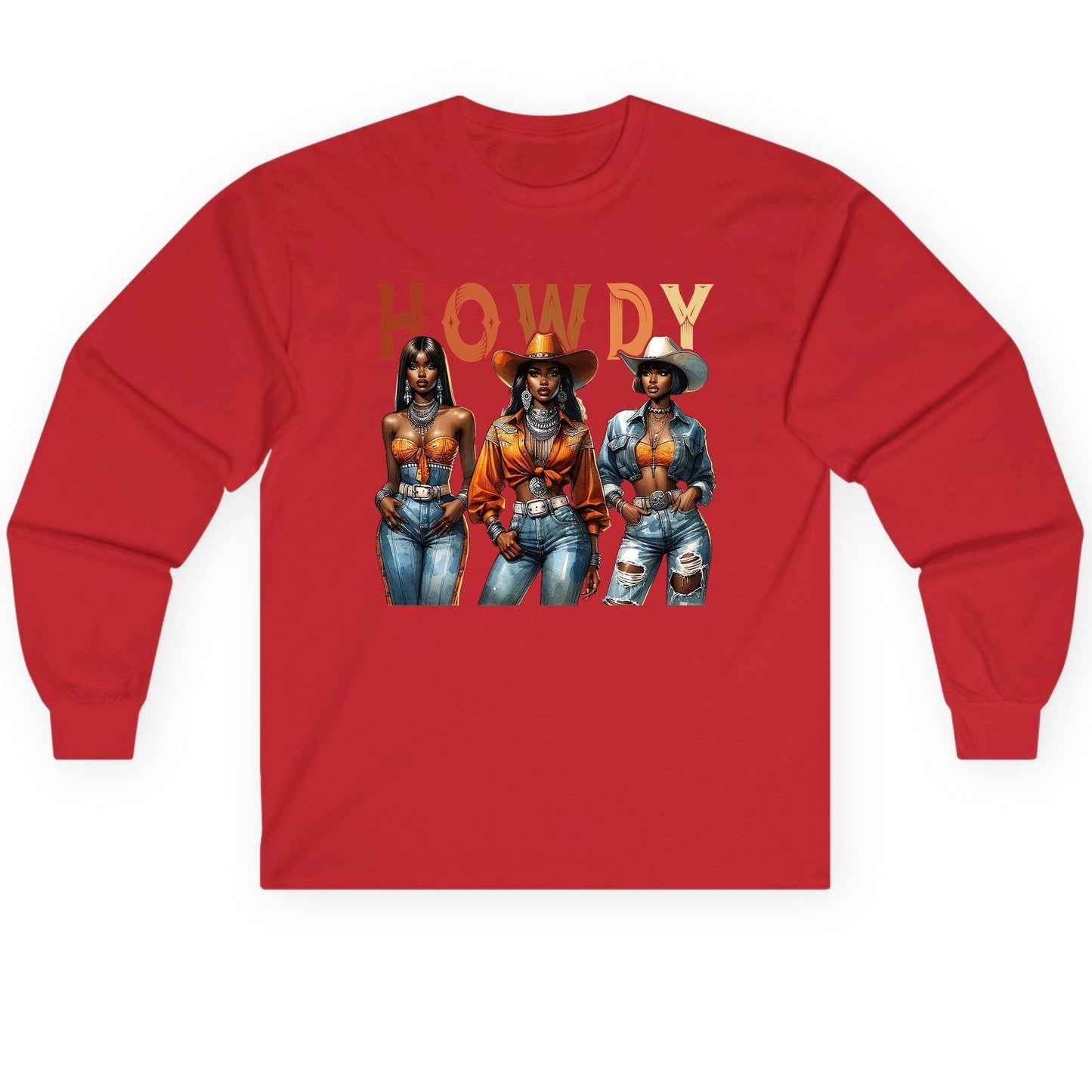 Howdy black cowgirls Long Sleeve Tee Red product mockup