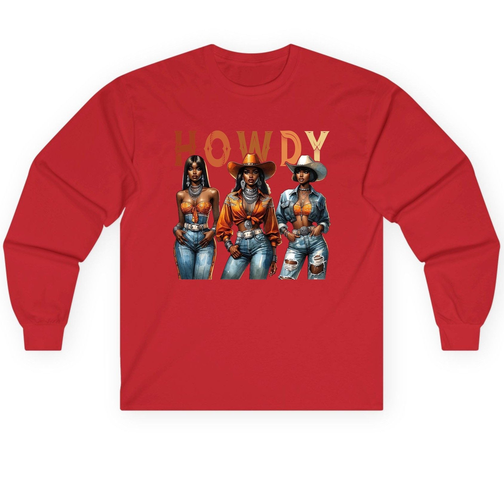 Howdy black cowgirls Long Sleeve Tee Red product mockup