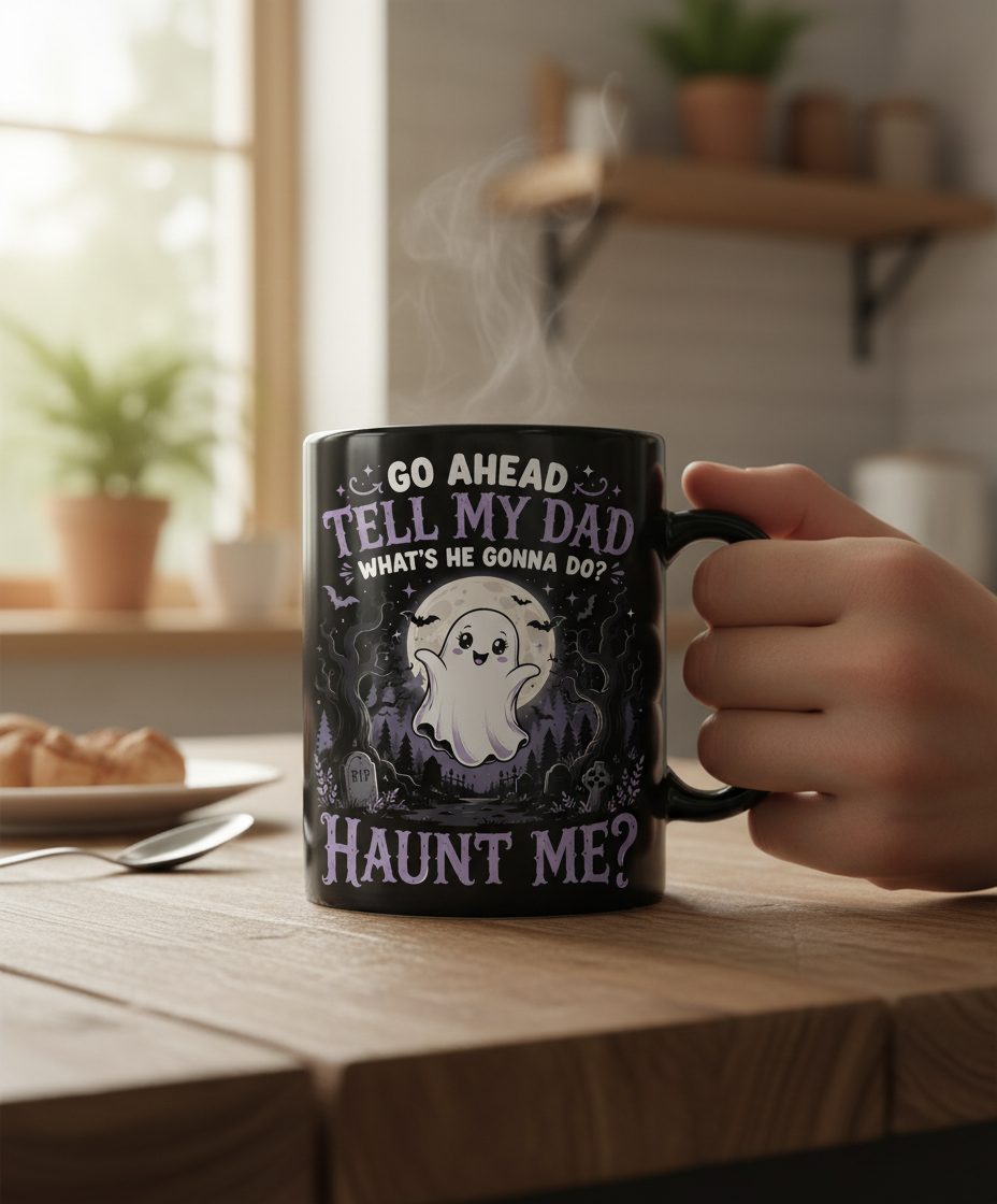 Go Ahead Tell My Dad What's He Gonna Do Haunt Me Funny Ghost Black Mug - lifestyle model mockup - Black