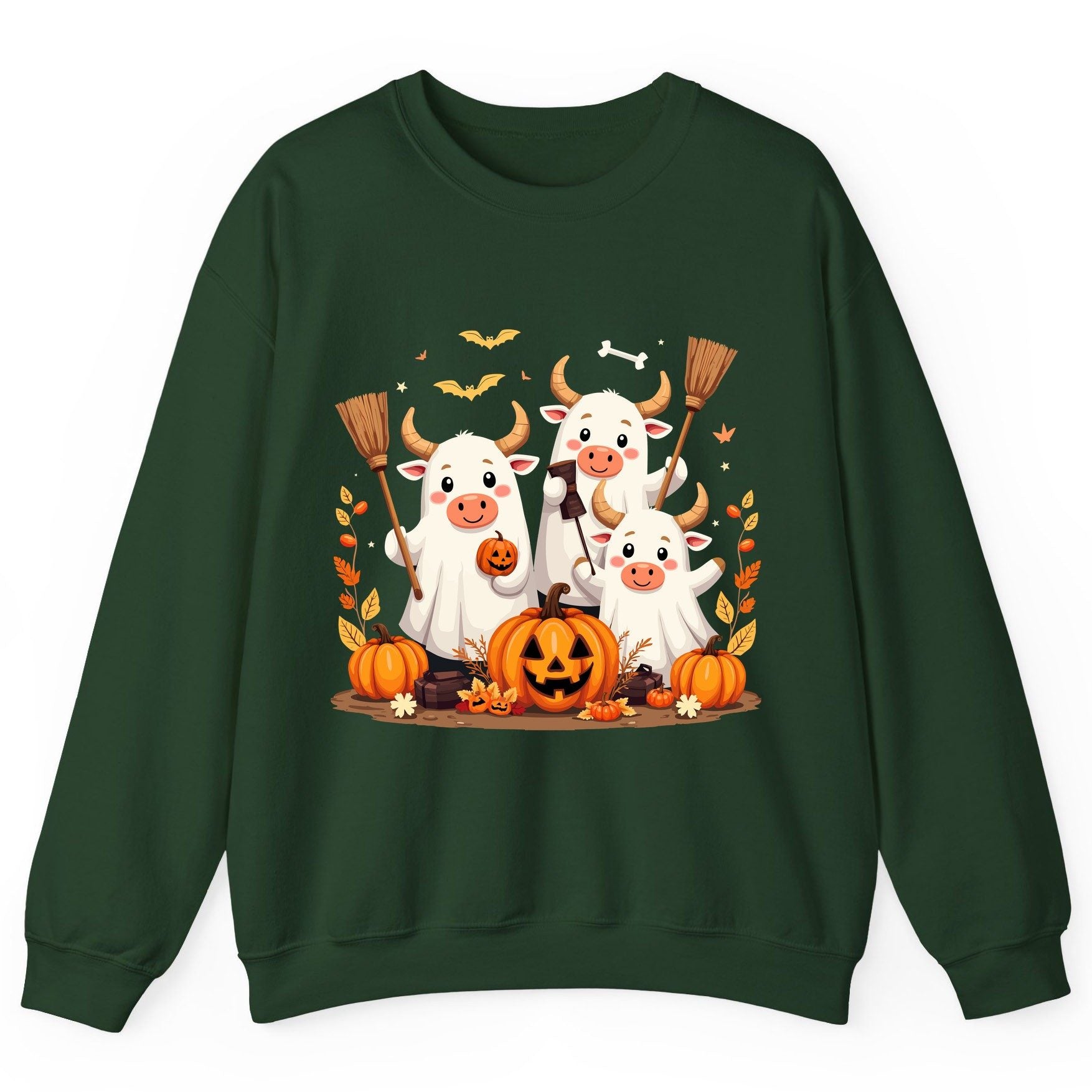 Cute Ghost Cows Halloween cows Sweatshirt Forest Green product mockup