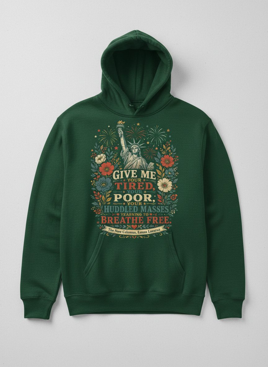 Breathe Free Patriotic Statue of Liberty Vintage Americans Hoodie - product mockup - Forest Green