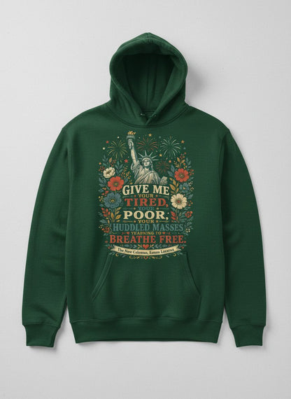 Breathe Free Patriotic Statue of Liberty Vintage Americans Hoodie - product mockup - Forest Green