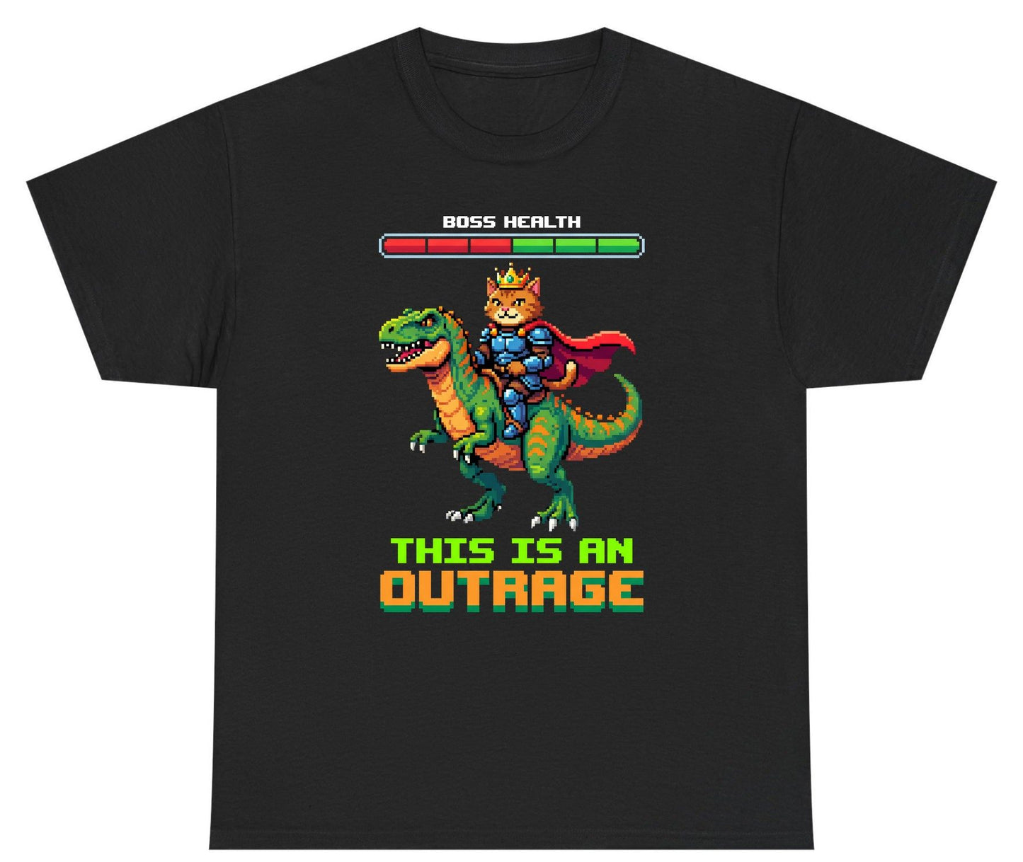 THIS IS AN OUTRAGE Cat riding a dinosaur Youth T-Shirt Black product mockup