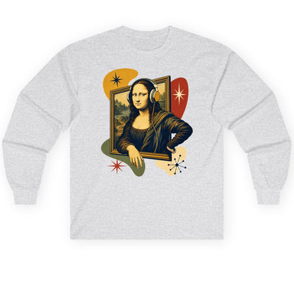 Retro Mona Lisa with Headphones Funny Art Lovers Long Sleeve Tee - product mockup - Ash
