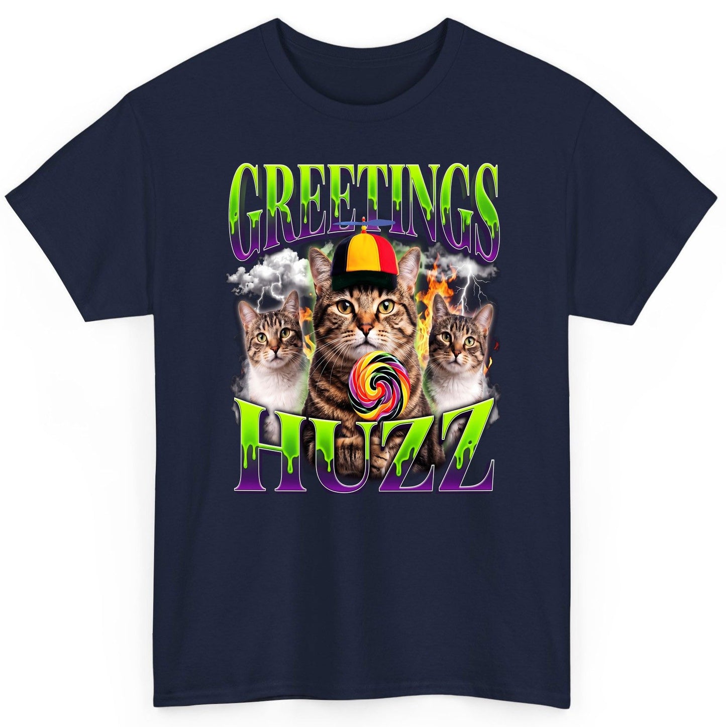 Greetings HUZZ Funny Cat T-Shirt - product mockup - Navy