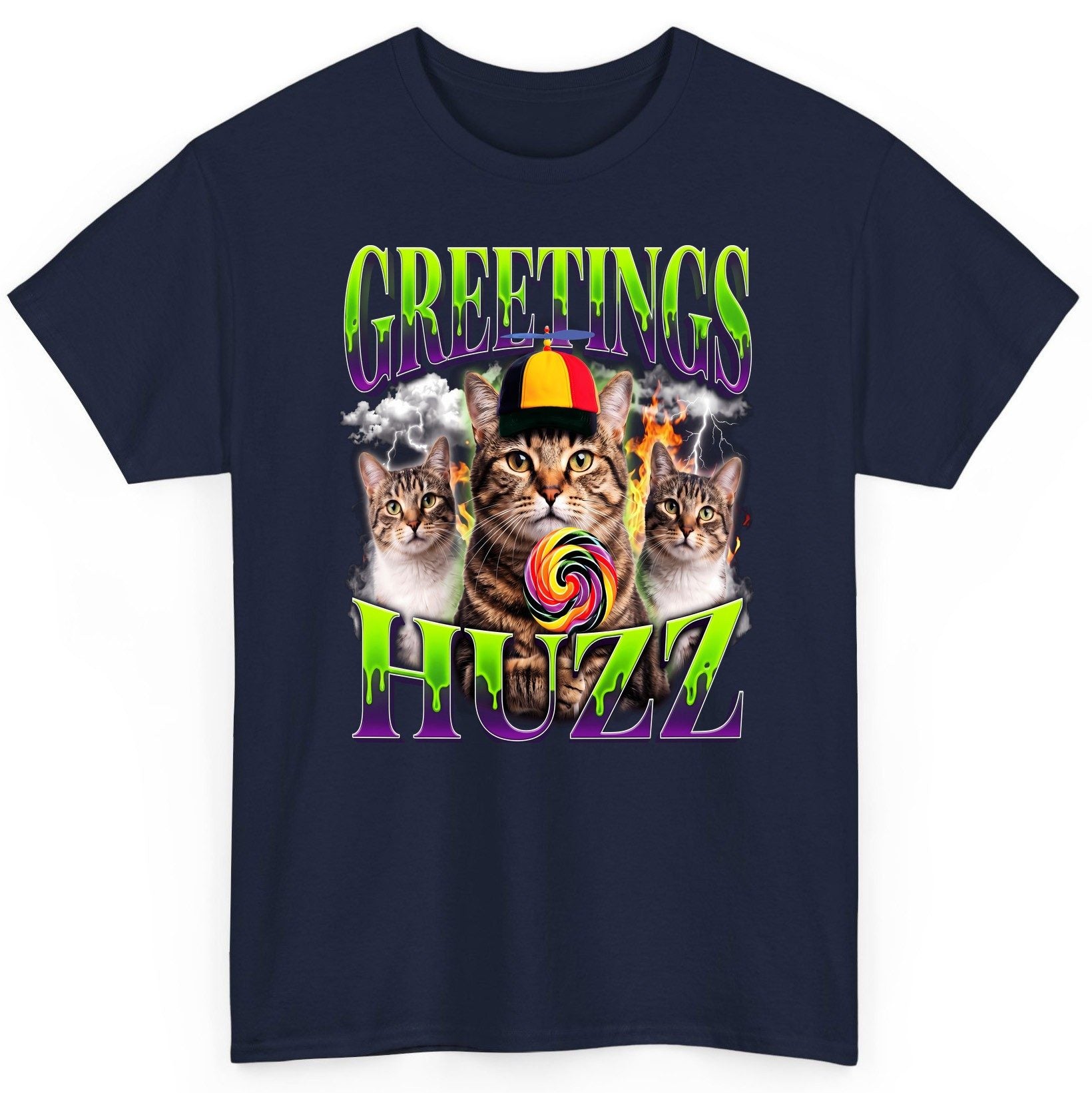 Greetings HUZZ Funny Cat T-Shirt - product mockup - Navy