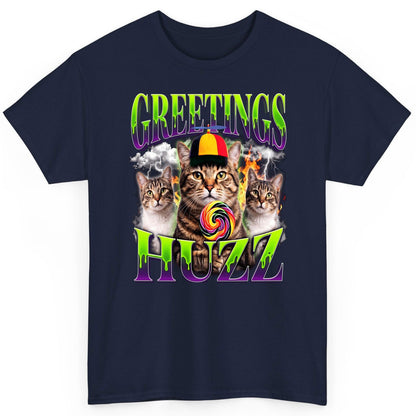 Greetings HUZZ Funny Cat T-Shirt - product mockup - Navy