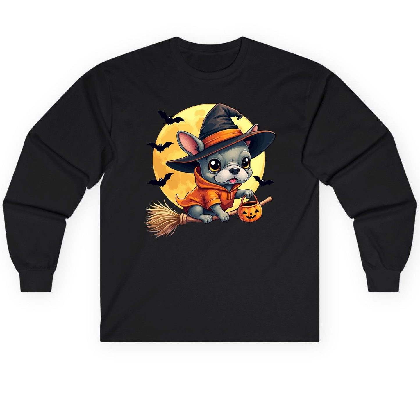 Cute Witch French Bulldog french bulldog Long Sleeve Tee Black product mockup