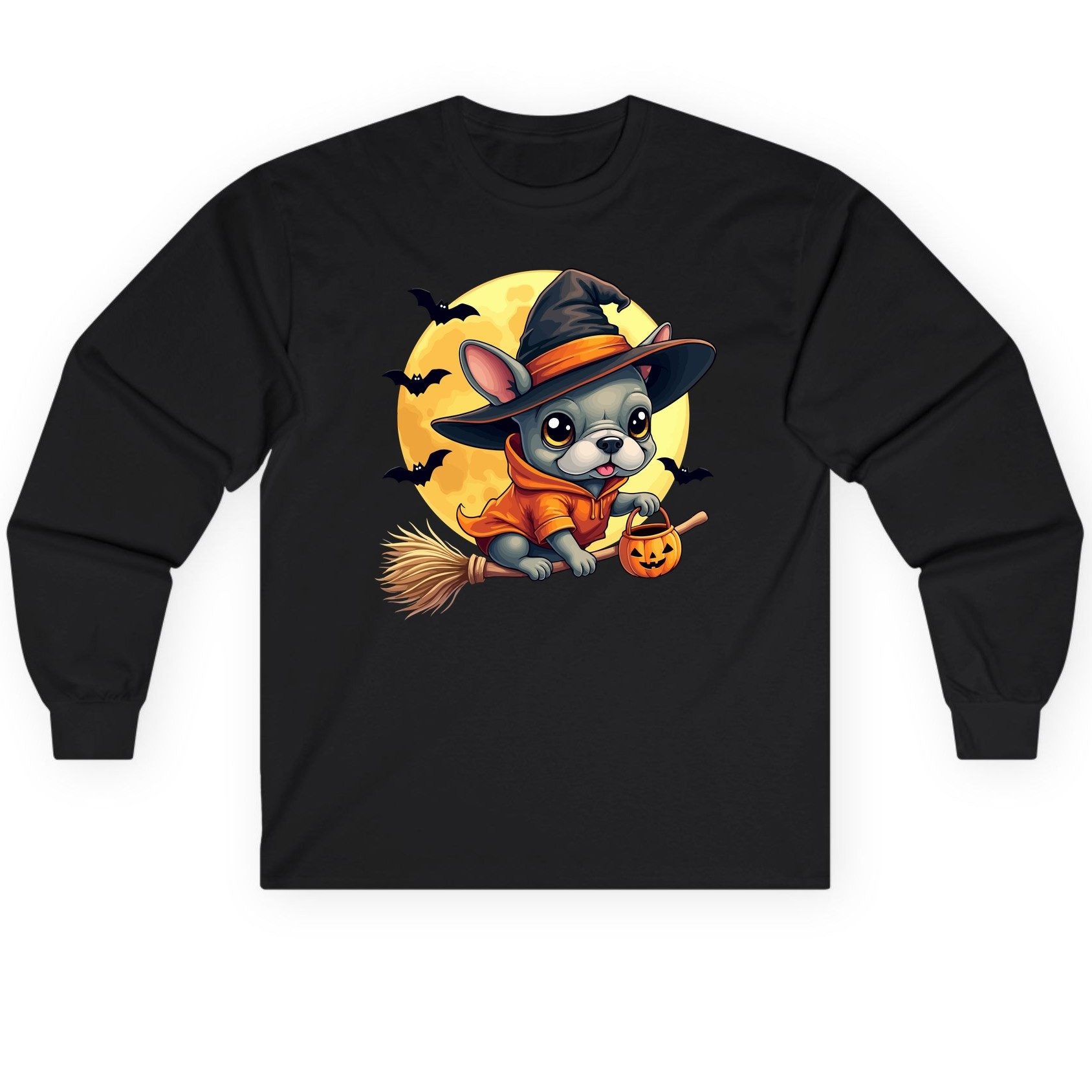 Cute Witch French Bulldog french bulldog Long Sleeve Tee Black product mockup
