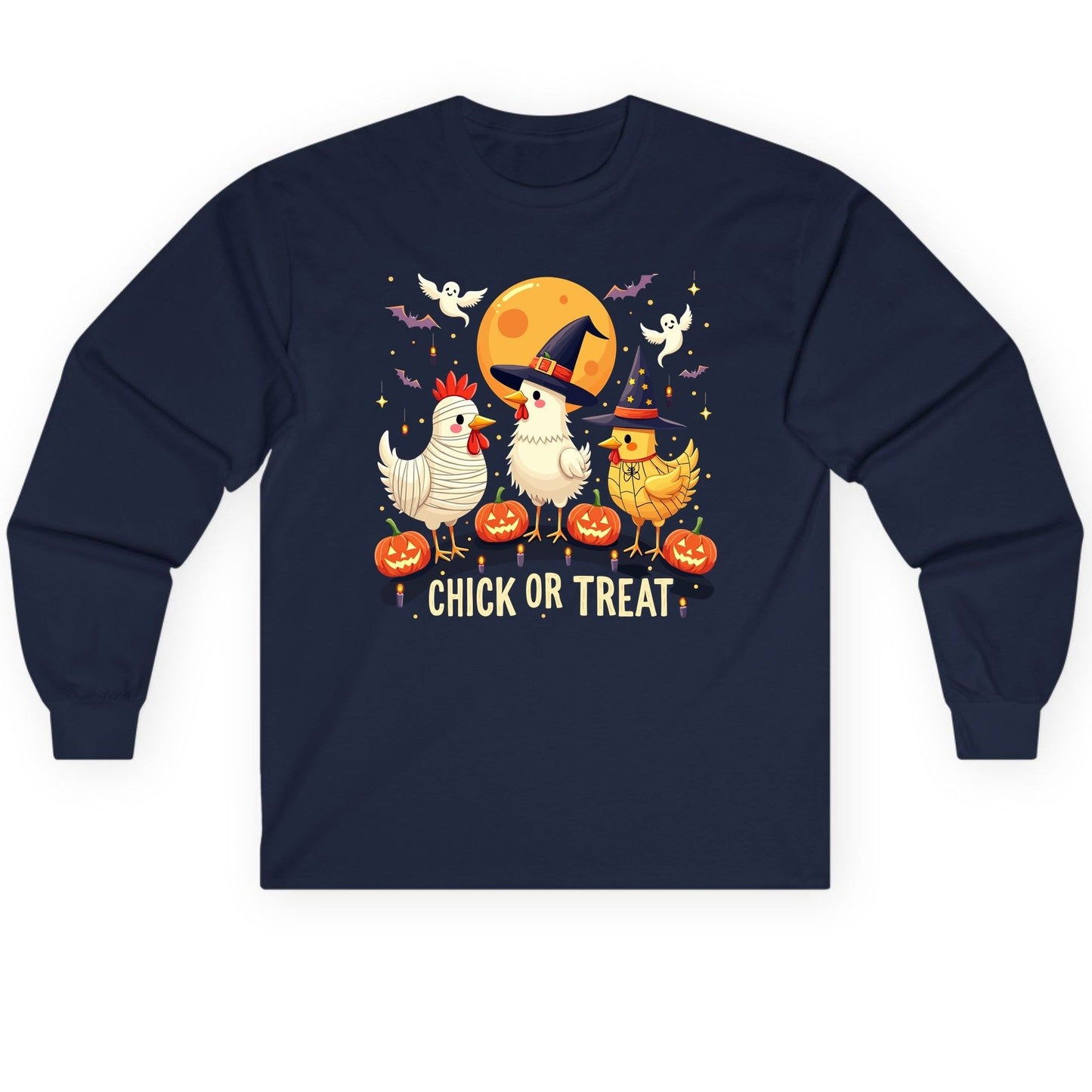 Chick or Treat Halloween chickens Long Sleeve Tee Navy product mockup