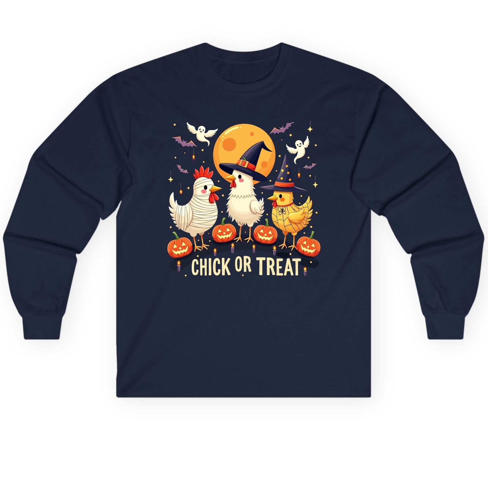 Chick or Treat Halloween chickens Long Sleeve Tee Navy product mockup