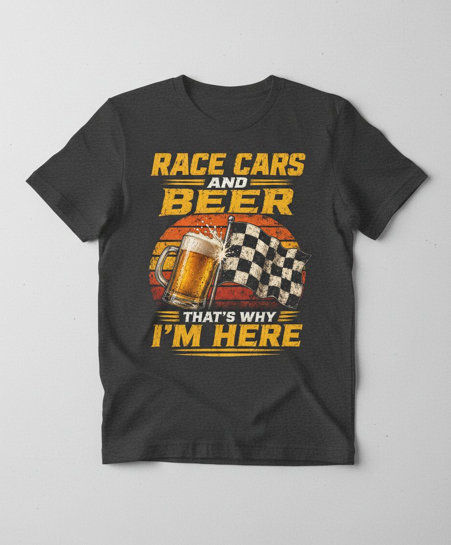 Race Cars and Beer That's Why I'm Here Funny Racing T-Shirt - product mockup - Dark Heather