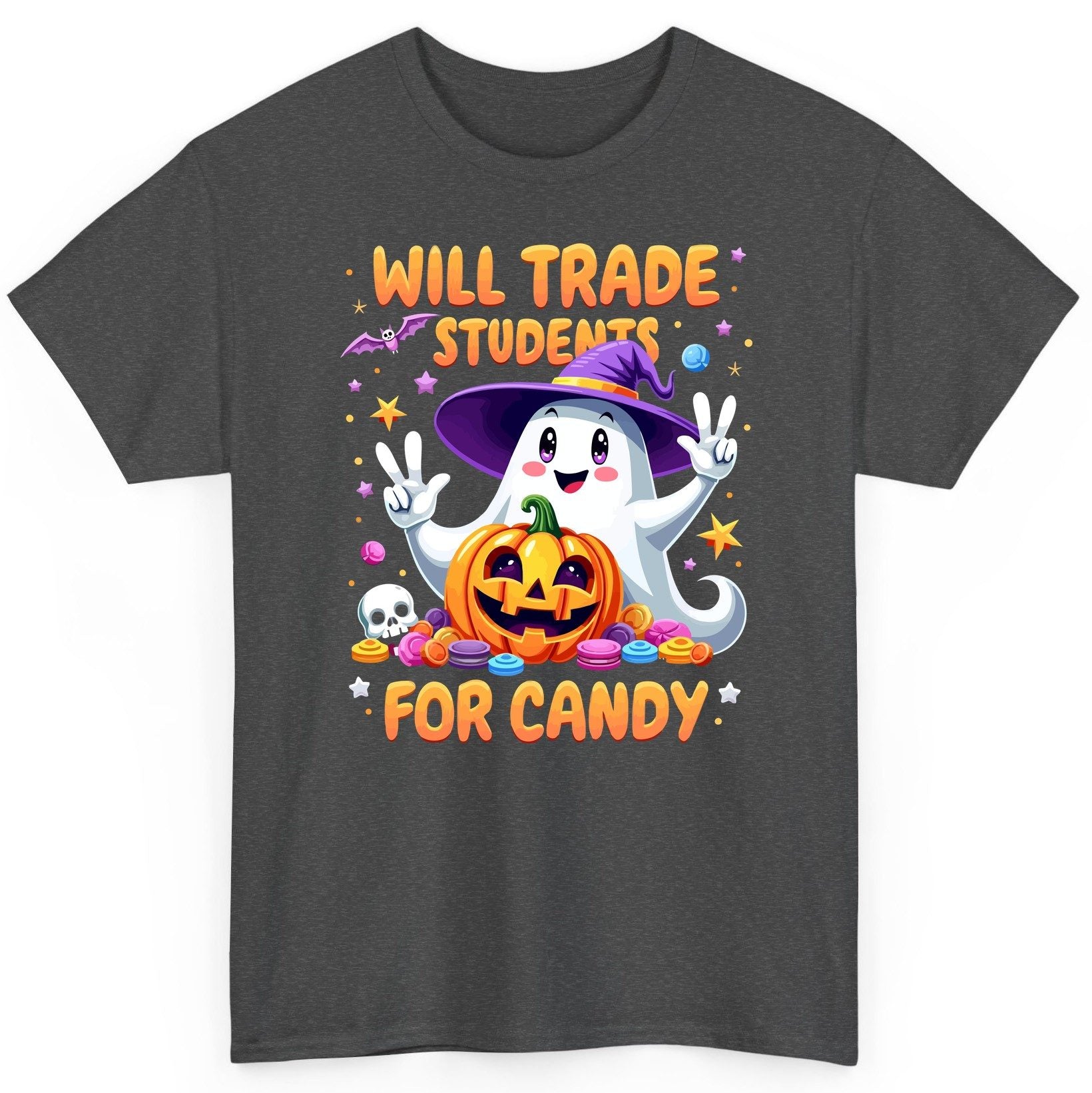 Will Trade Students for Candy teacher Halloween T-Shirt Dark Heather product mockup